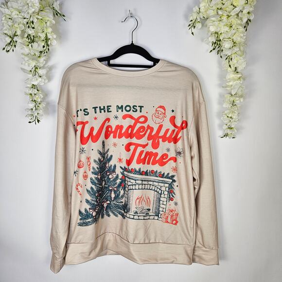 Beige Christmas Sweatshirt Wonderful Time Print Cozy Holiday Trendy Party Medium - Picture 4 of 12